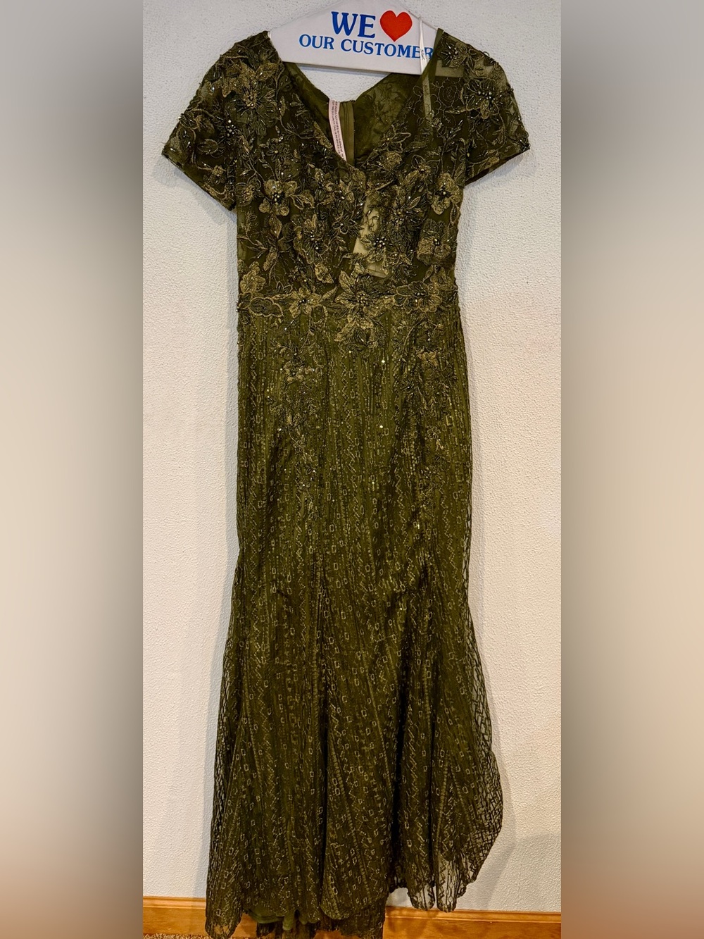 Mac Duggal Olive Green Beaded Cap sleeve Gown